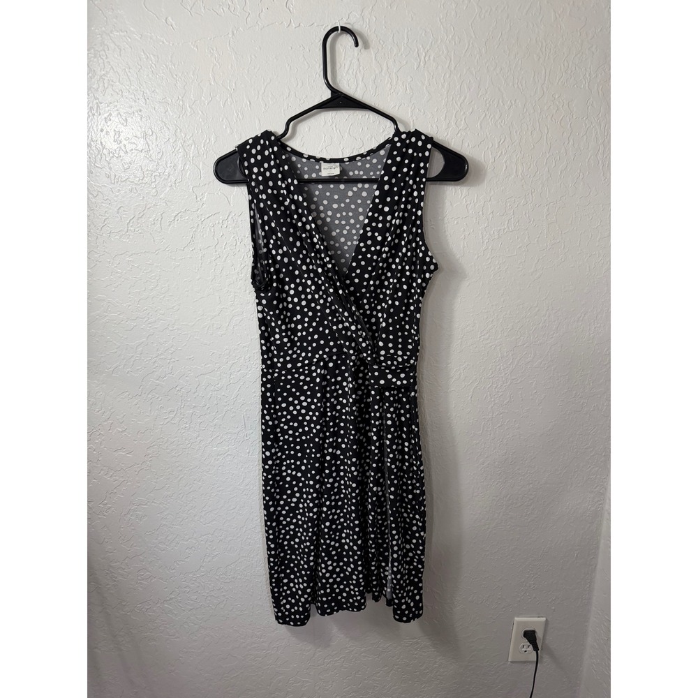 Kaileigh Womens Black White Polka Dot Faux Wrap Sleeveless Dress Size M USA Made